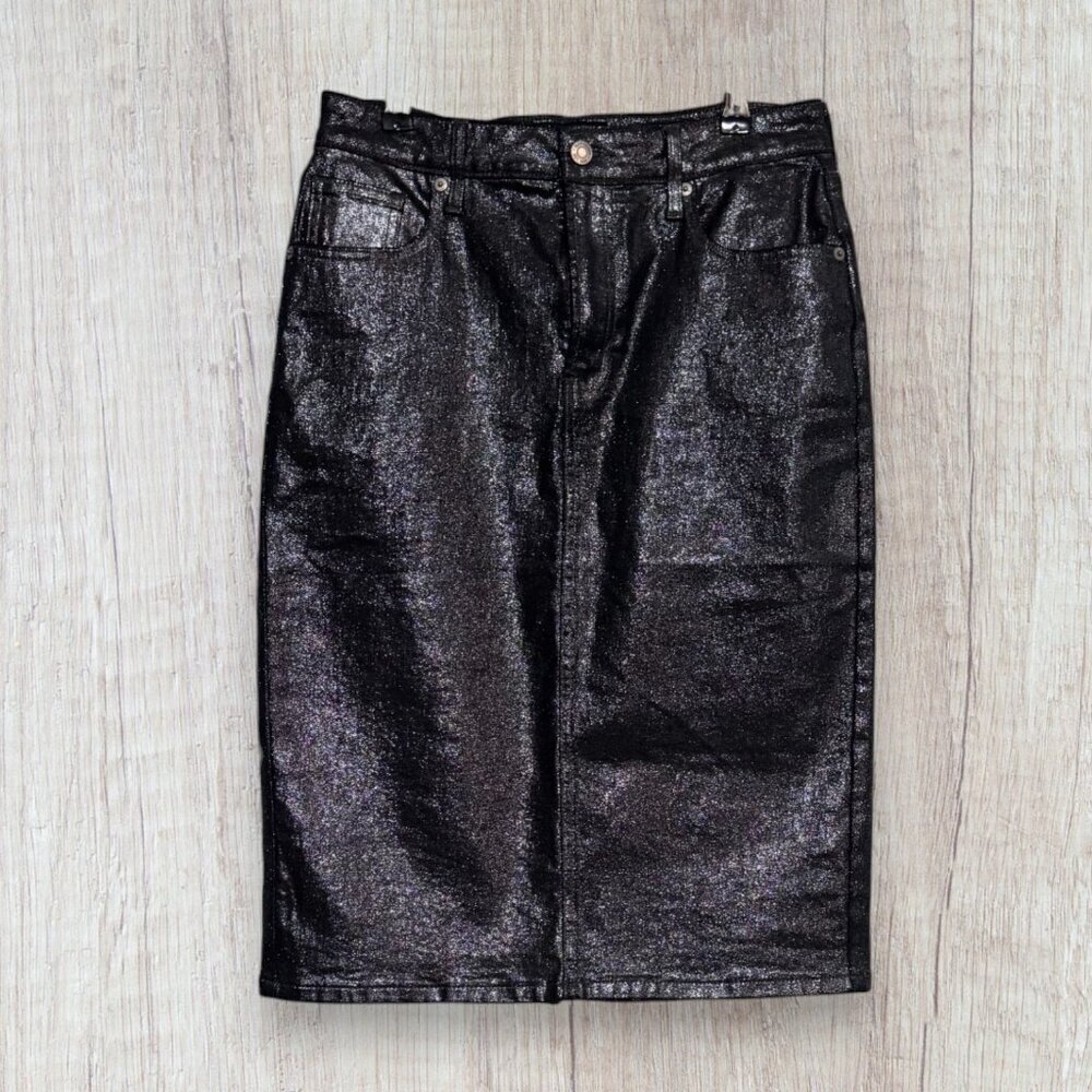 GAP Denim Metallic Silver Leila Coated Pencil Skirt Mid Rise Knee Length 4 27